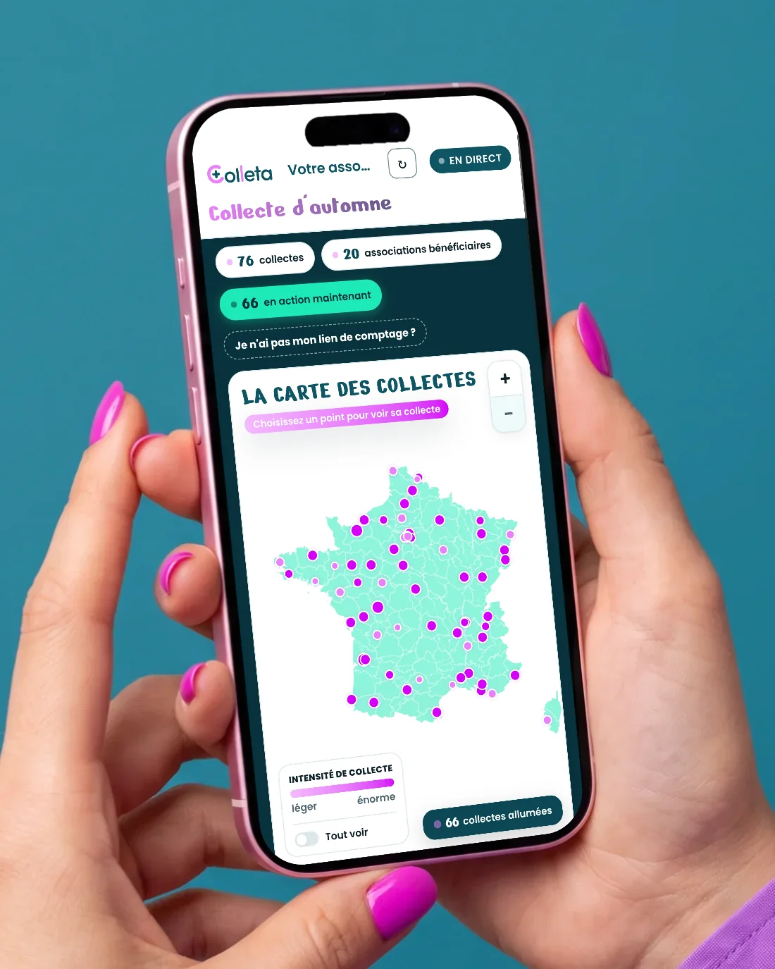 Le direct d’une collecte sur un téléphone tenu en main : la carte des collectes