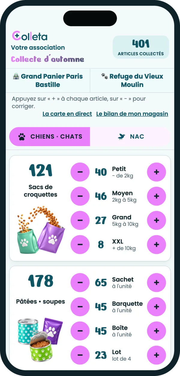 La page de comptage d’un lieu de collecte, ouverte sur un téléphone